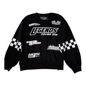Legends Never Die Racing Sweatshirt Women L Black Checkered Flag Graphic NWT